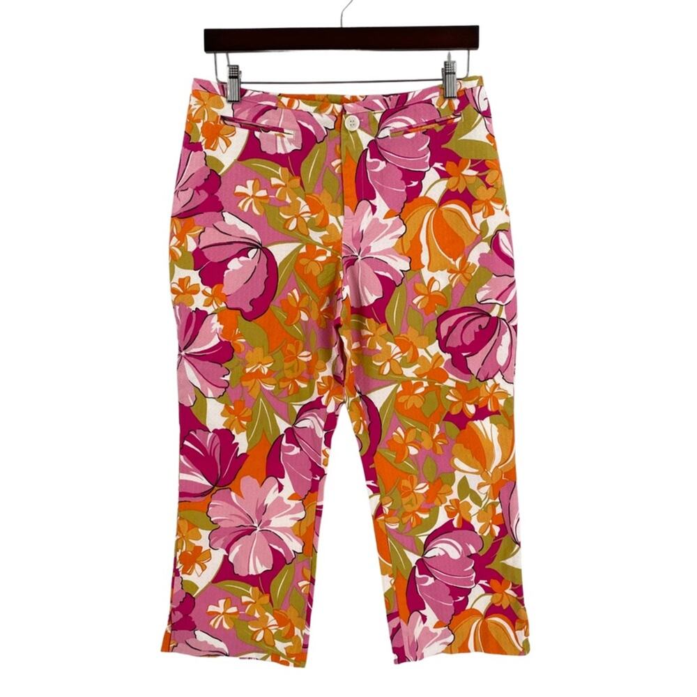 Pink orange floral cropped capris pants size 12 petite retro style Hawaiian tiki